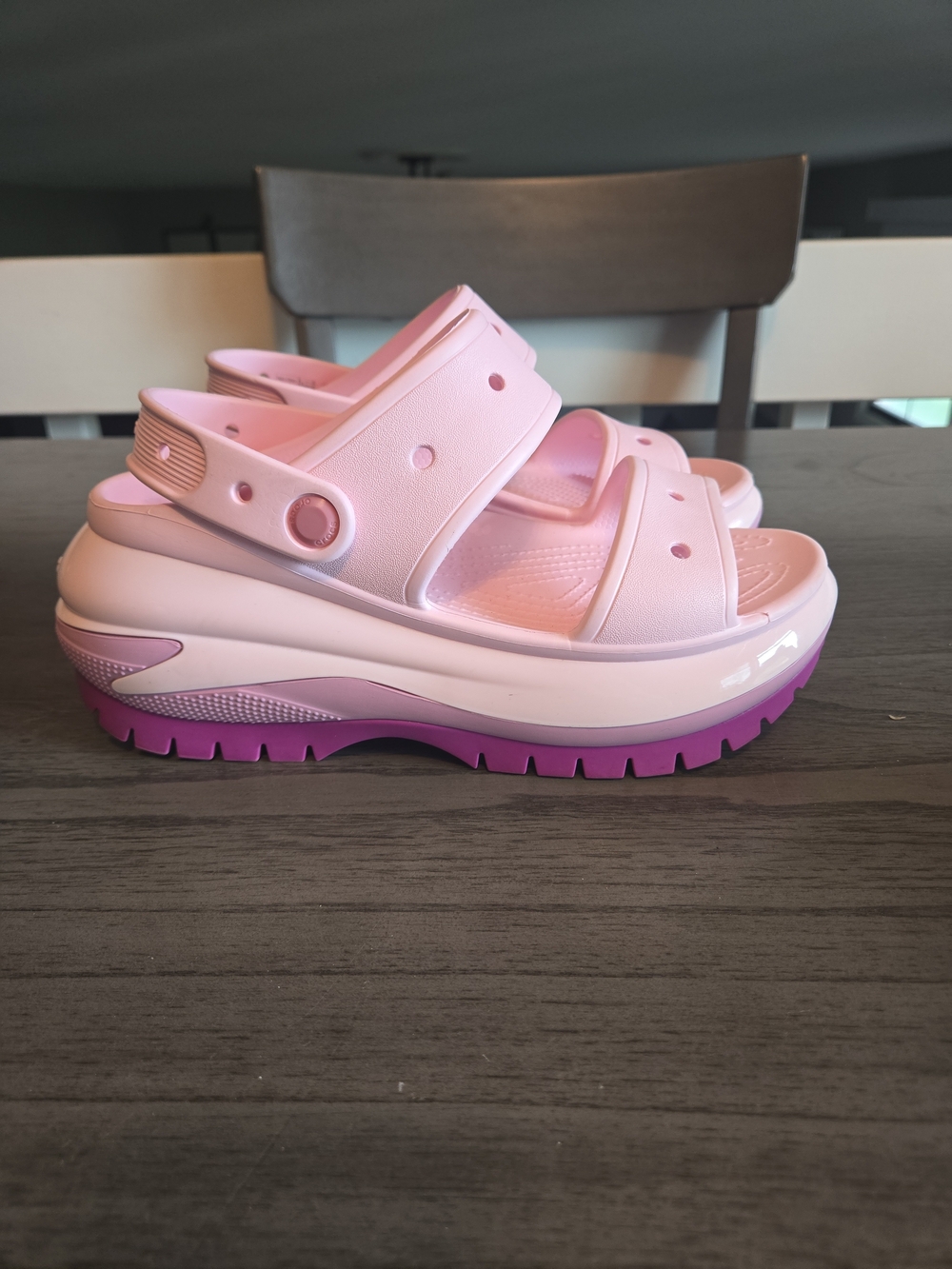 CROCS Pink Platform Slide Sandals with Purple Outsole